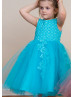 Beaded Turquoise Lace Tulle Tea Length Flower Girl Dress